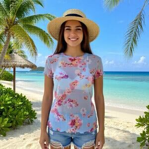 Bongo Blue Floral Mesh Top Shirt Size L Y2K Fairy Grunge Whimsical Beach Resort